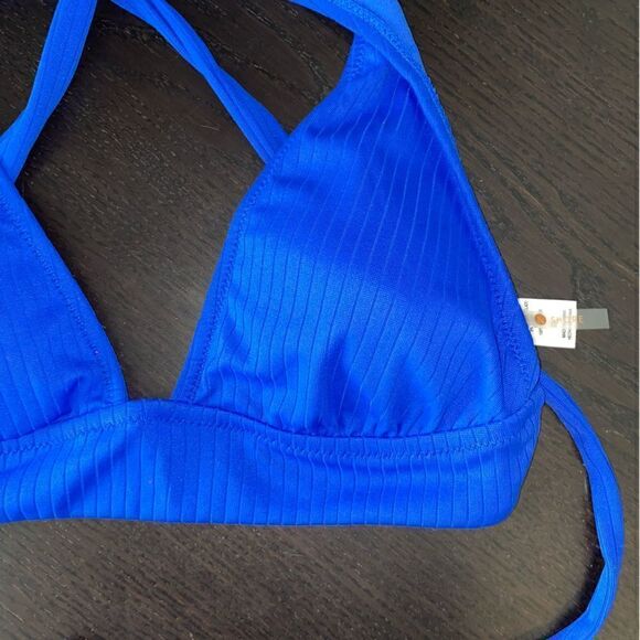 Shade & Shore Womens Stretch Ribbed Textured Halter Neck Bikini Bra Blue XL - Picture 2 of 5